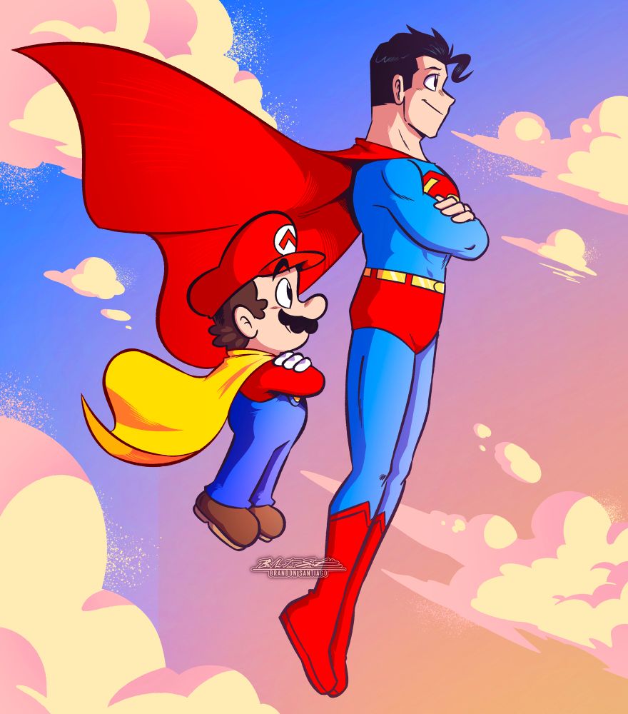 Super Mario floating in the sky with Superman.