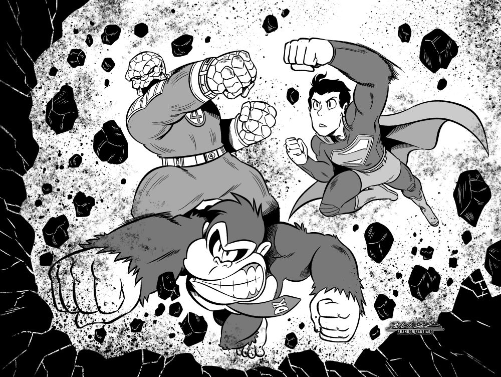Donkey Kong, Superman, and The Thing punching through terrain.