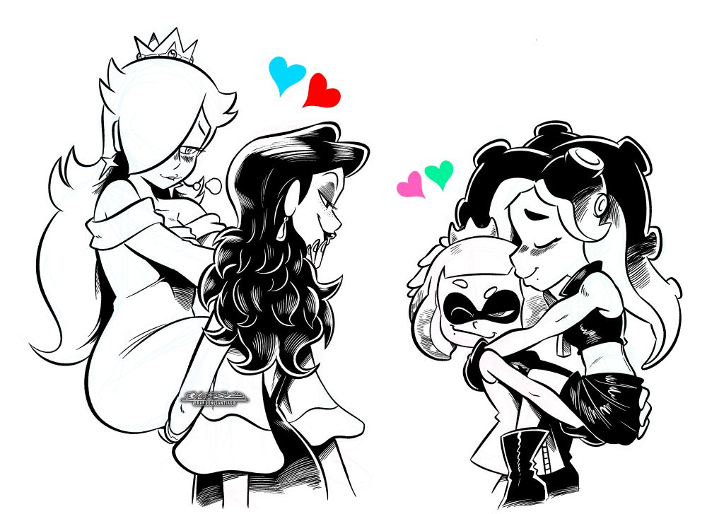 Pauline and Pearl looking and winking at each other as they both lift up their tall girlfriends, Rosalina and Marina.