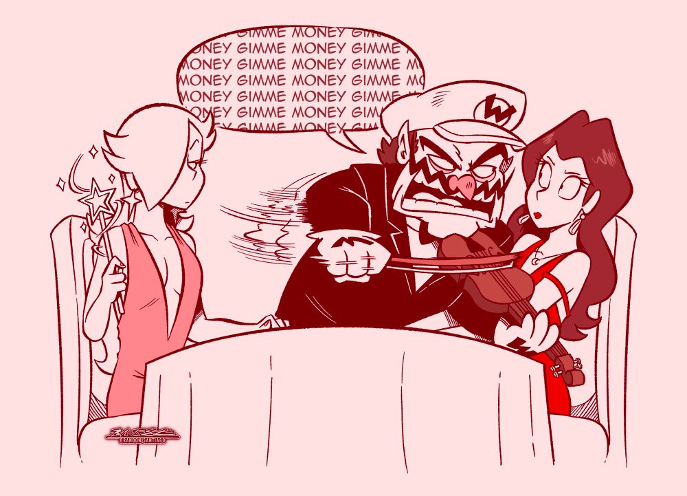 Wario then gets in Pauline’s face rapidly playing the violin repeatedly saying “Gimme money". Pauline is annoyed and uncomfortable. Rosalina pulls out her wand miffed at Wario ruining their date.