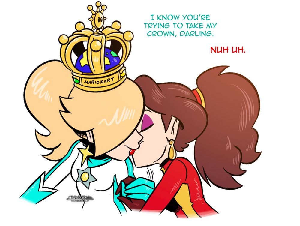 Pauline kisses Rosalina for winning 1st Place in Mario Kart. However, Rosalina knows she’s trying to cheekily take the crown she won.