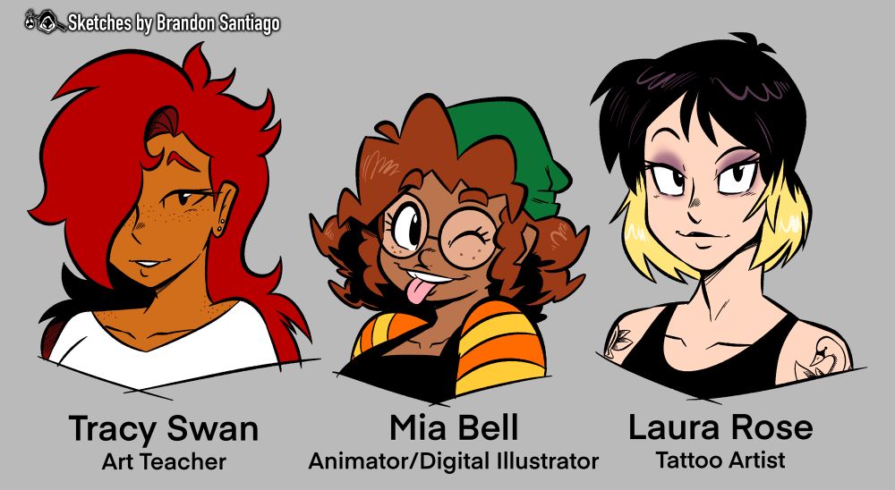 Tracy Swan (art teacher) and her girlfriends: Mia Bell (animator/digital illustrator) and Laura Rose (tattoo artist).