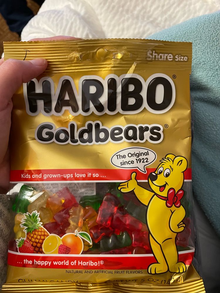 bag of HARIBO GOLDBEARS gummy bears. the top corner of the bag says 