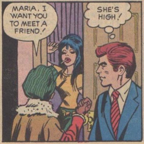 Hopelessly square pastor in oldschool Christian comic is concerned that this mellow swinging chick is a dope fiend