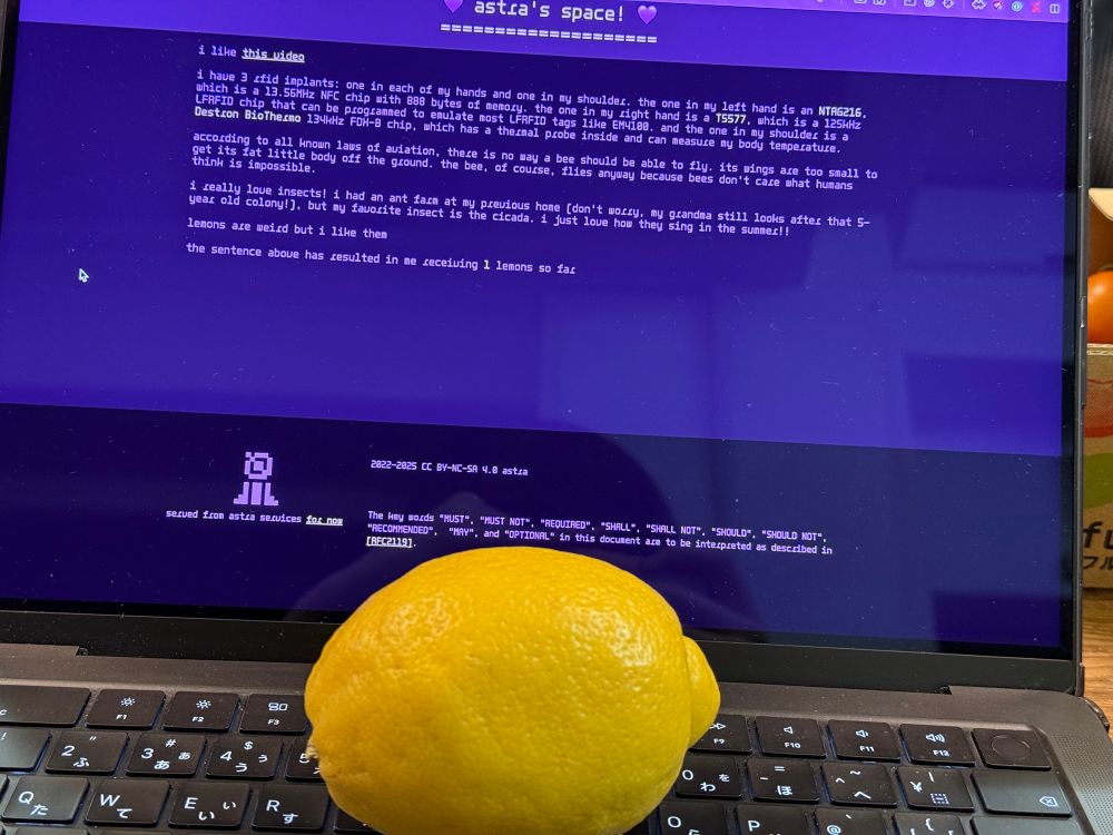 the “facts” page of astrra.space with the last two sentences reading:

lemons are weird but i like them

the sentence above has resulted in me receiving *1* lemons so far