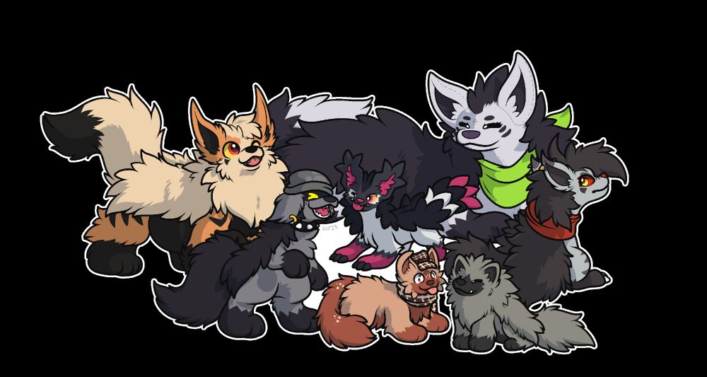 Digital art drawn in SAI V2. Coloured and shaded binary-pen drawing of seven Poochyena/Mightyena pokesonas. From left to right: Sirius(MakoWulff), Garret(Daroachie), Puppet(BugBarkz), Oxy(Raydowi), Stellarity, Quote(retrofeather), Dolores(Fawnidae)
