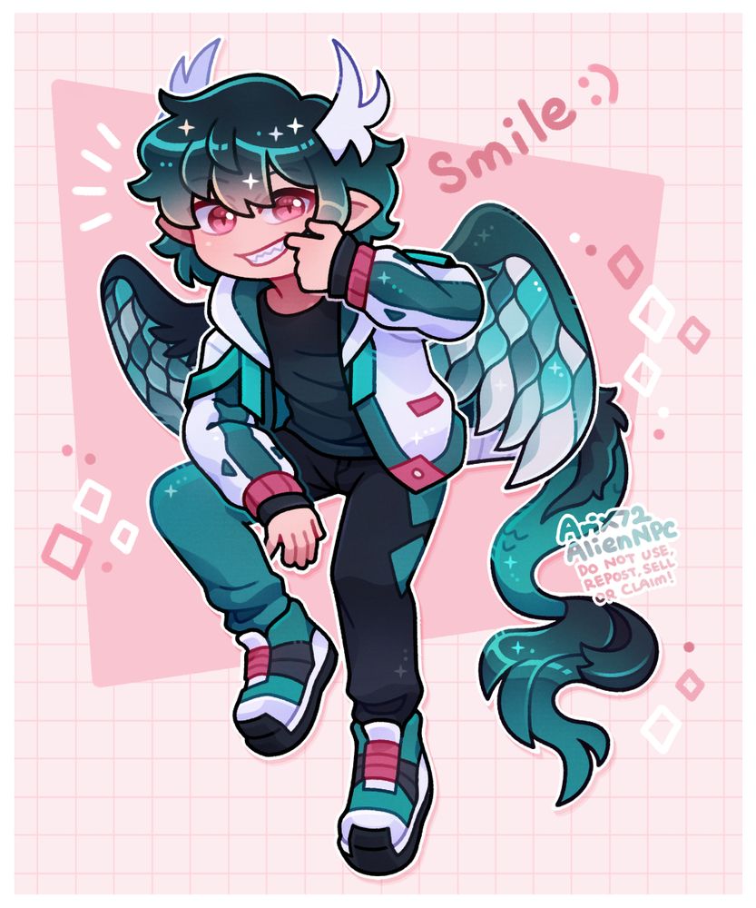 Drawing of a grinning turquoise-green & salmon pink themed male character with dragon traits. The background consists of many shades of pink with some white in various shapes. Next to the head of the character are the words smile :) whilst by the tail is the watermark of the original artist.