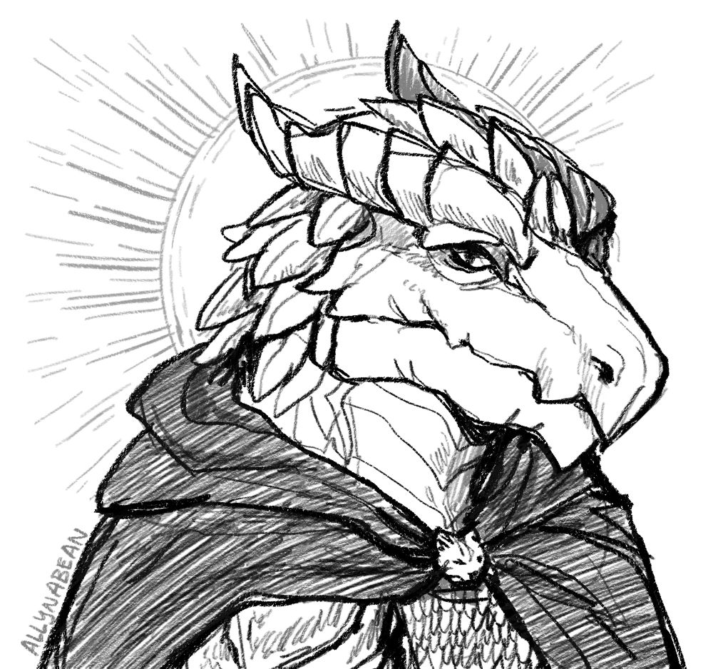 sketch of Flint, a dragonborn with a black cloak. He looks to the side, a neutral expression on his face. The cloak has a feline broach for the clasp. 