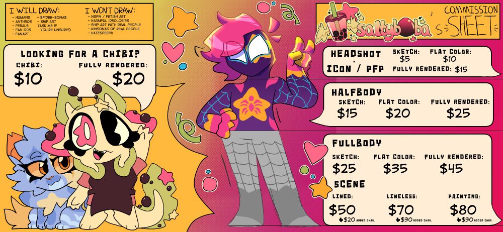 A commission sheet for @saltyb0ba. It lists what they draw and won't draw, offers chibis for $10 (and $20 for fully rendered), as well as headshots for $5-15, halfbodies for $15-25, and fullbodies for $25-45. They also offer scenes, from $50-80.