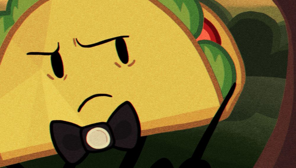 Taco from Inanimate Insanity walks away from a bush near a tree with a disgruntled expression on her face.