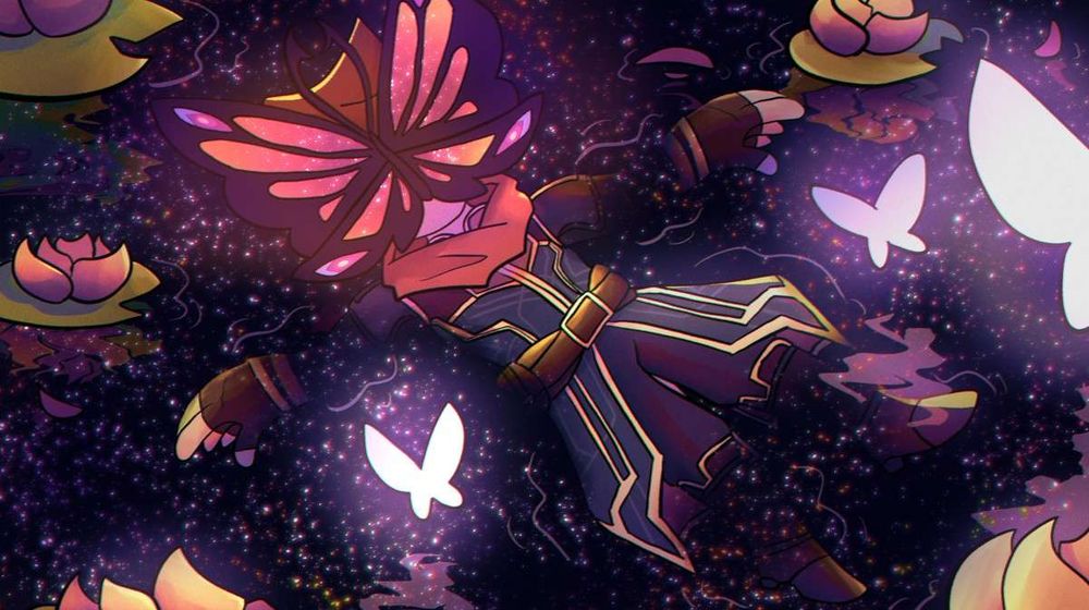 Callum from The Dragon Prince floats in a body of water that reflects the stars above. Lilies on lilypads surround him, and a pink-orange butterfly rests on his face. A few white butterflies can be seen fluttering around.