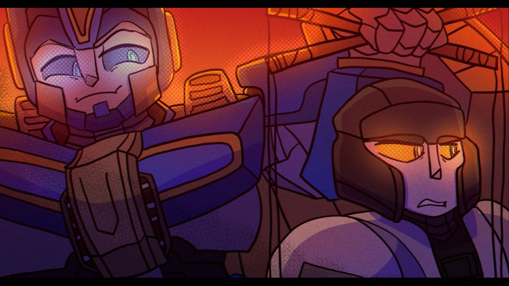 Sentinel Prime from Transformers One is holding puppet strings above D-16, both of their eyes are glowing in the setting sun.