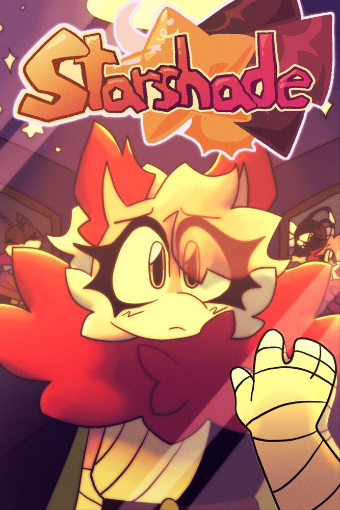 The cover of Starshade; a webcomic about bugs. A pink moth stands, concerned, in the center of the cover, putting one of her hands up to what appears to be a mirror. Pictures of her adoptive mother and father line the sides, and the title of Starshade sits overhead.