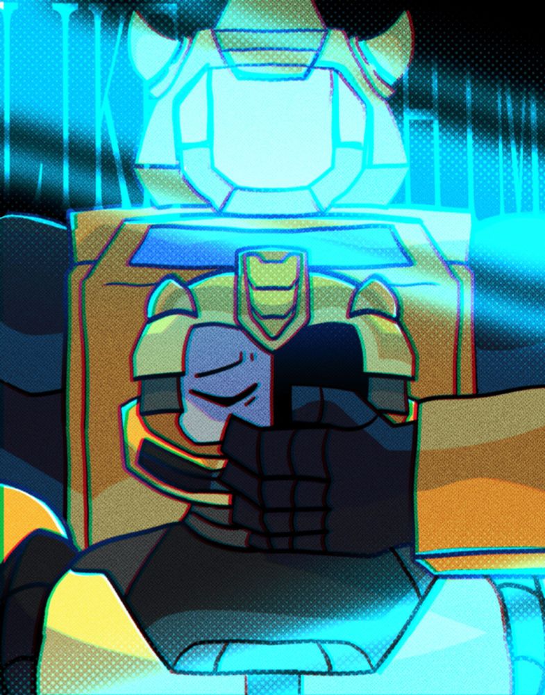 A faceless Bumblebee from Transformers G1 uses his hand to cover B-127's (Transformers One) mouth. The words "Like Him" are in the background in light blue.