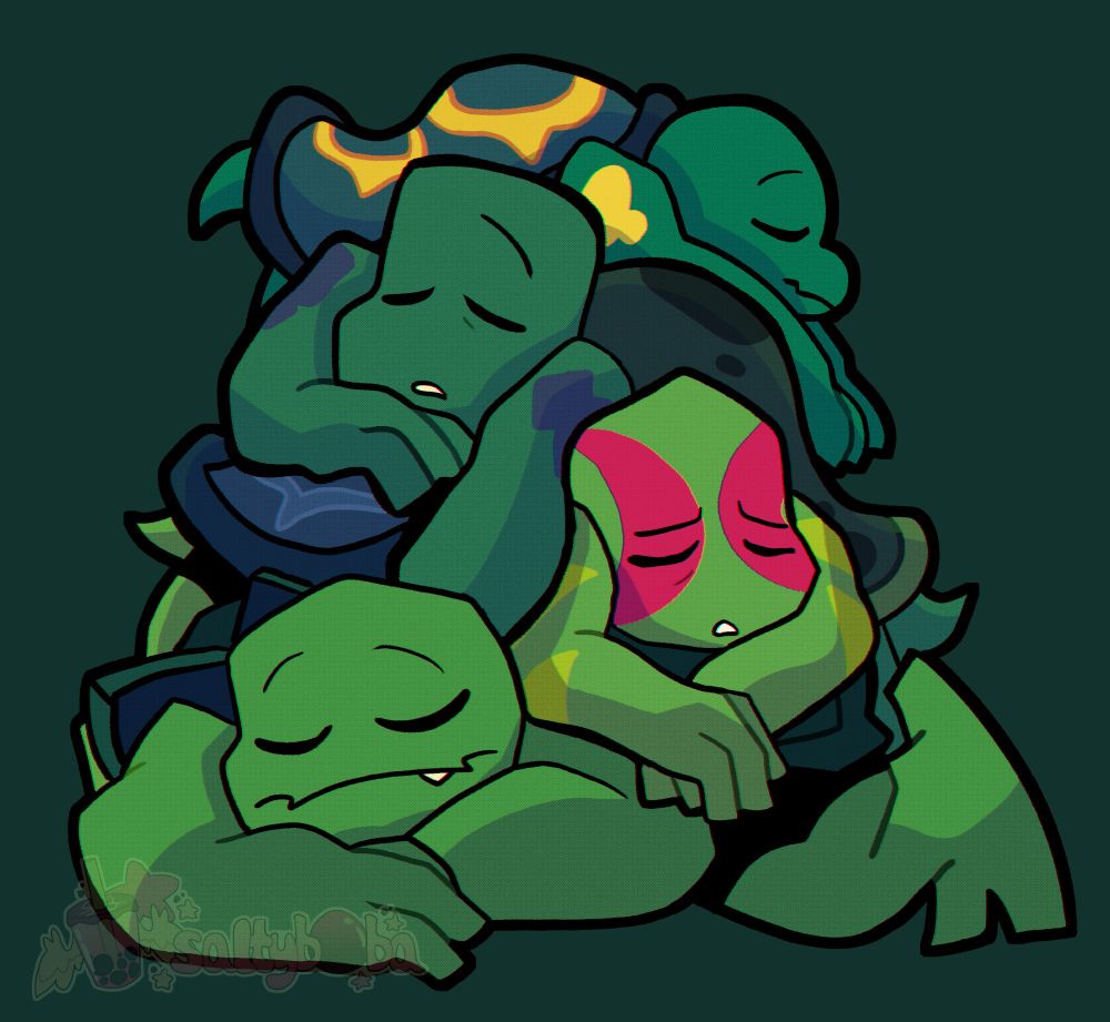Raphael, Leonardo, Donatello, and Michelangelo are turtle tots, sleeping on top of one another in a pile. Raph is at the bottom, then upwards it's Leo, Donnie, and Mikey.