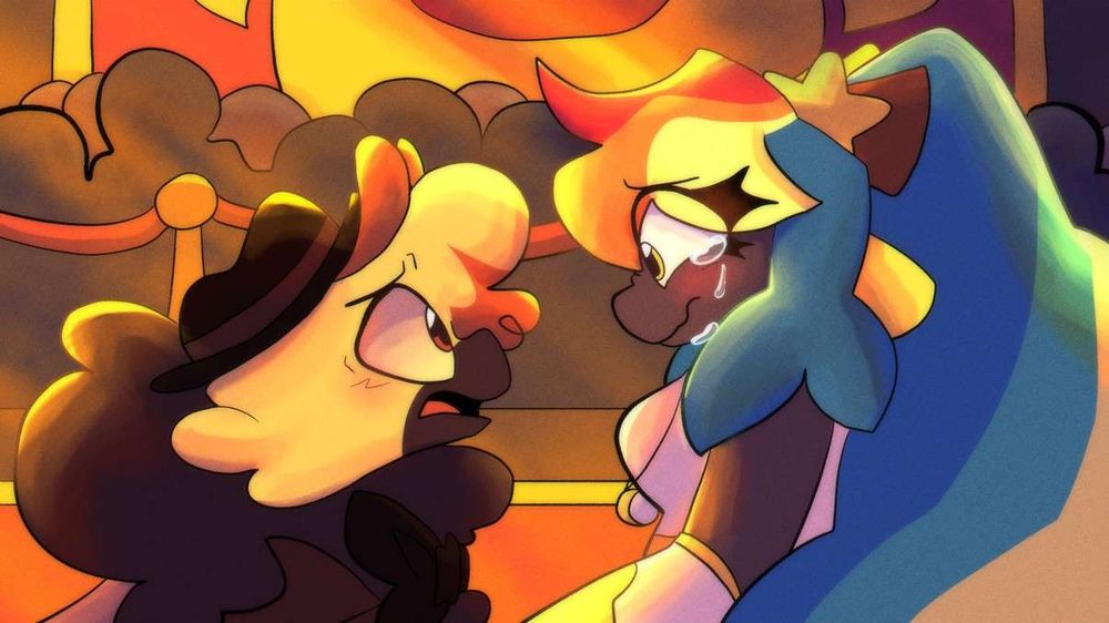 Two bugs, Apollo and Kleio, talk to each other on a red carpet surrounded by a crowed seperated from them by red rope. Kleio is crying, flustered and upset, while Apollo is trying to comfort her.