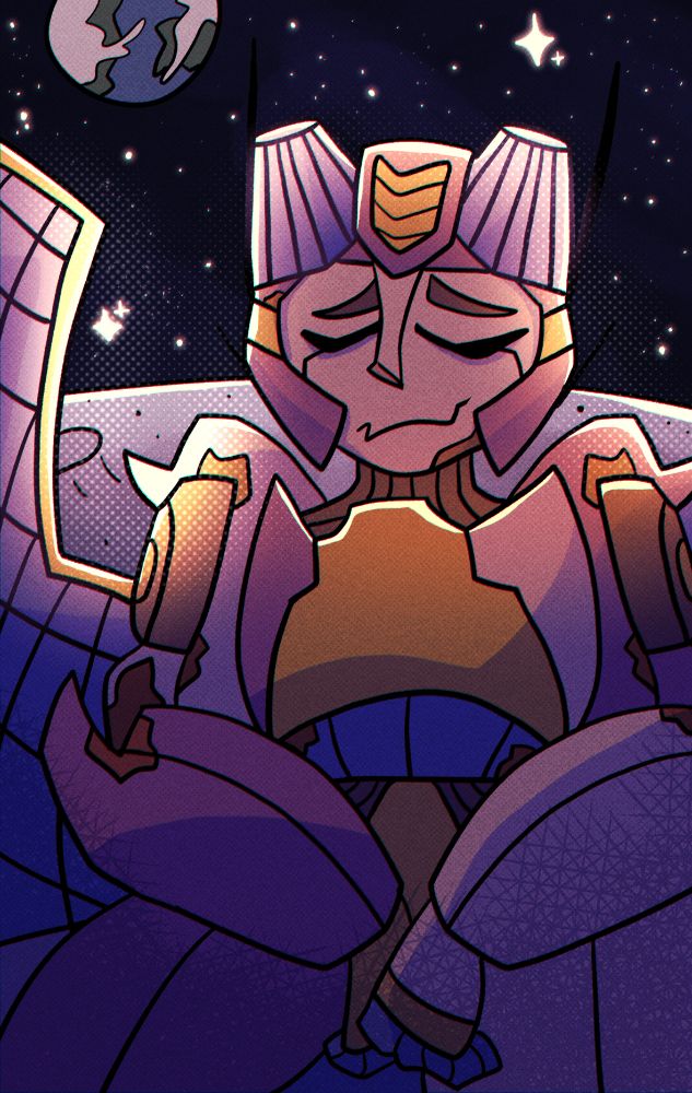 My Transformers OC, Journey, is resting on the surface of the moon. They are slightly rusted and they are a rover. The Earth watches from a distance.