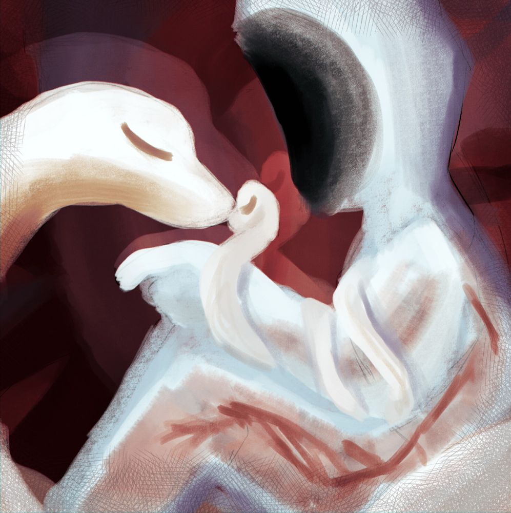 Minos Prime is sitting down with a snake on his arm touching noses with another, bigger snake that surrounds them both. The background is a heart.