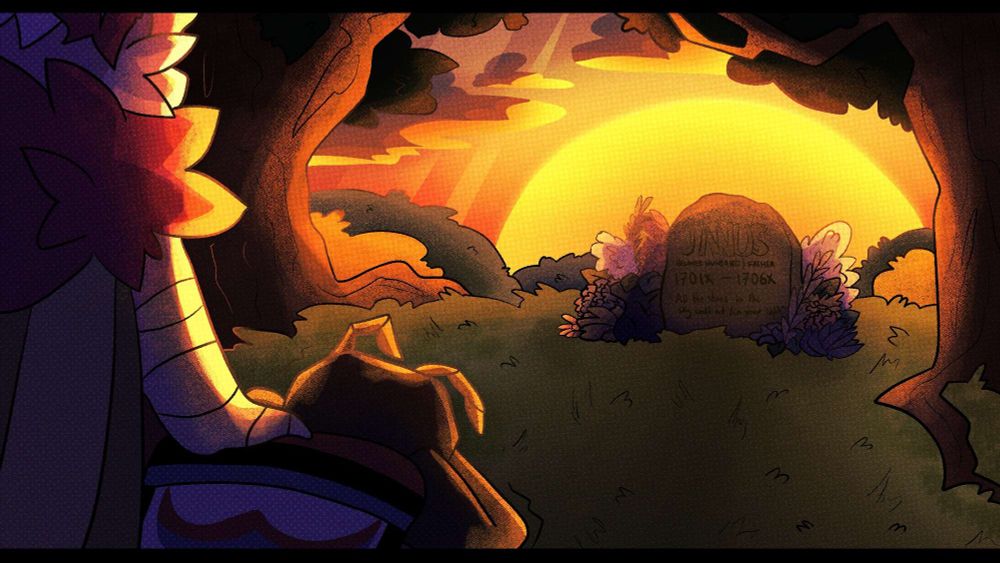 Athena and Minerva from Starshade are on the left side of the frame. Athena stands, putting her arm on Minerva's shoulder, who's crouched over and sobbing. They're looking at a tombstone that belongs to Janus, Athena's adoptive father and Minerva's wife. It's surrounded by flowers and lined by a sunset. There are treetops visible in the background.
