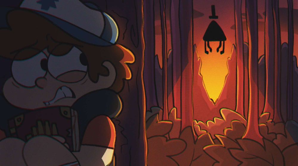Dipper from Gravity Falls hides behind a tree with a scared expression on his face. He's holding Journal 3 tightly against his chest, with his legs tucked up against his arms. Bill Cipher floats, silhouetted, just to the right. He is casting light upon the forest leaves below, outlined by thin trees and the setting sun.