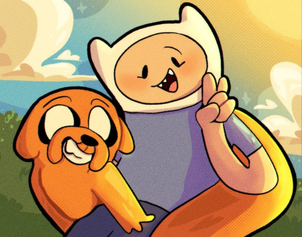Finn and Jake are in a green field of grass, with the sun shining brightly on them from above. 