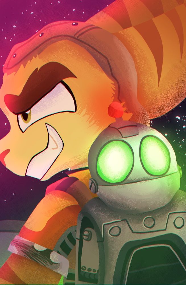 Ratchet and Clank are lit up by pink and green light. Ratchet is grinning eagerly while looking at the side of the camera, and Clank is almost making eye contact with the viewer. They are outside at night.
