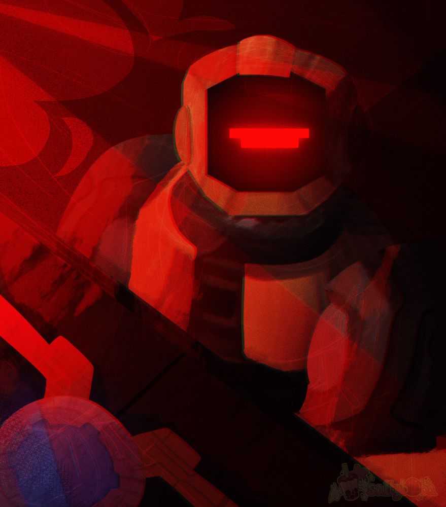 B-127 from the movie "Transformers One" looks at the camera, wearing a mask that covers his face with a single red light in the middle. There is a conveyor belt in front of him, on which is the Matrix of Leadership. He's in a red environment, the light cast by the furnace that trash burns in.