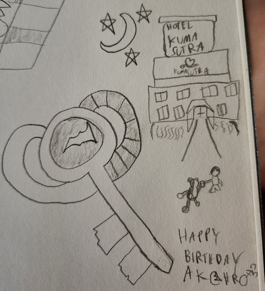 A close up of a modified love key with Monokuma themed ingrains while both a figure and Monokuma themselves walk up to Hotel Kumasutra, the Love Hotel itself. 

At the bottom right is some text say:
Happy Birthday Akchro. With it some flair to match their personality for the bear himself 