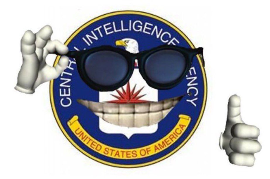 The CIA emblem wearing sunglasses and sporting a cool smile. One gloved hand holds the sunglasses, the other one is giving a thumbs up