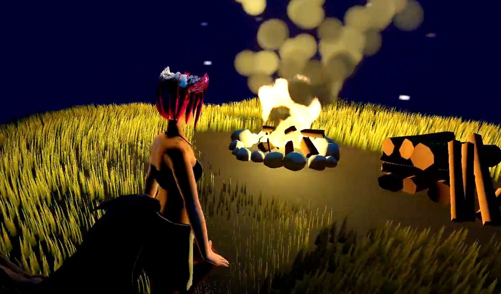 A 3D nighttime scene of a woman looking at a campfire on a grassy hill, with a few reserve logs piled on the side.