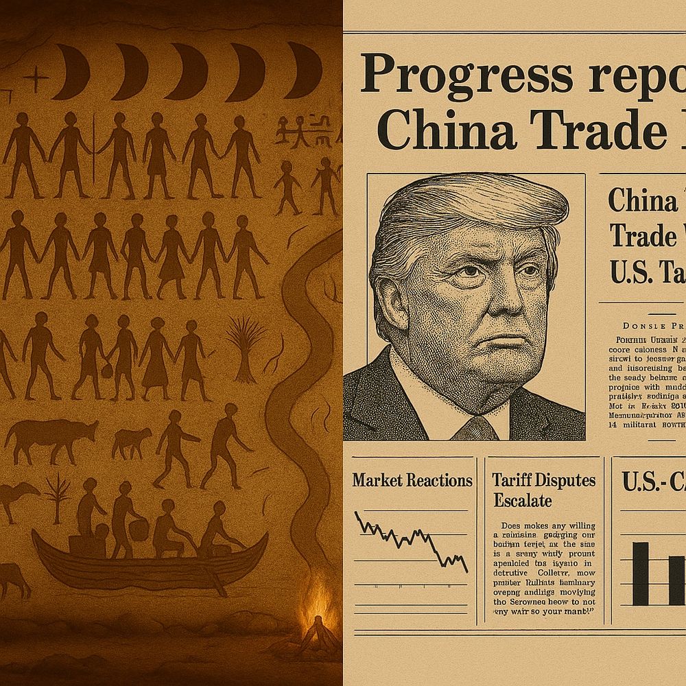 A side-by-side image. On the left: an ancient cave painting shows human figures trading livestock, traveling in boats, and following lunar phases, all depicted in ochre tones. On the right: a sepia-toned newspaper front page featuring a sketch of Donald Trump, headlines about U.S.-China trade disputes, tariff conflicts, and stock market reactions. The juxtaposition highlights how trade negotiations, commerce, and power struggles have remained constant across millennia, though the medium has evolved from stone walls to printed news.