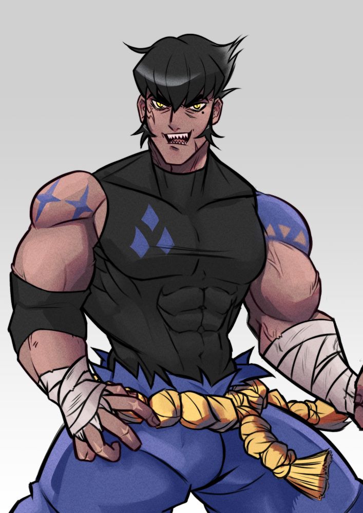 Muscular man with sharp teeth and short black hair.