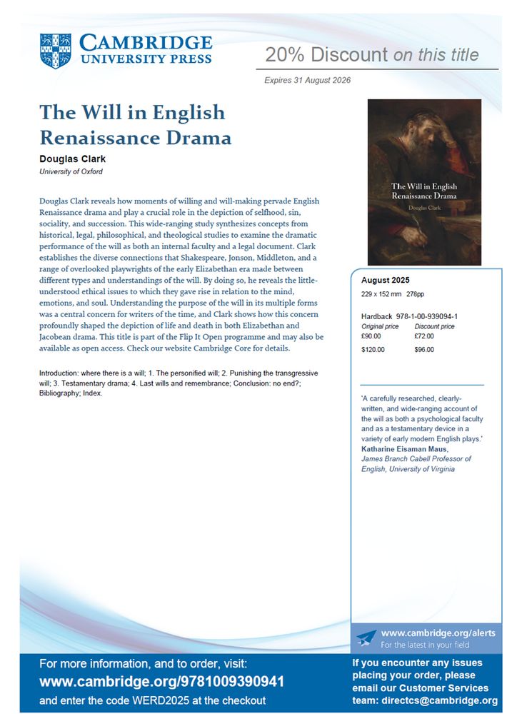 A flyer that describes the content of my book, The Will in English Renaissance Drama.