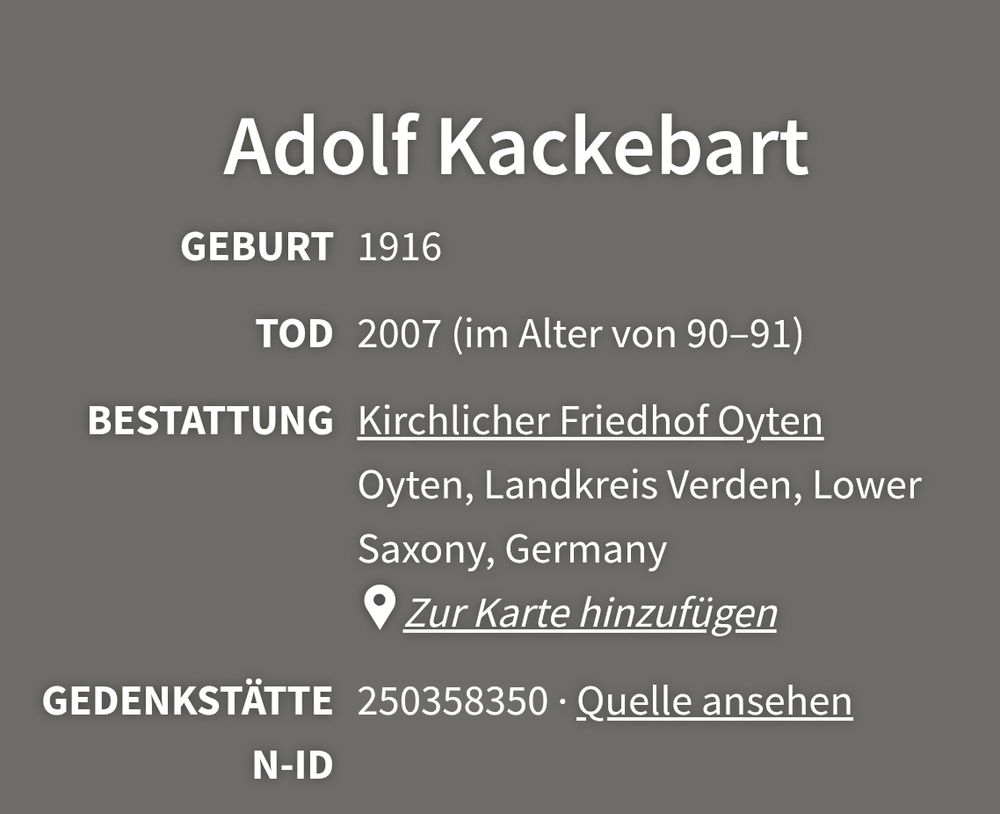 Ein Screenshot einer Grablocation wo Adolf Kackebart begraben liegt 