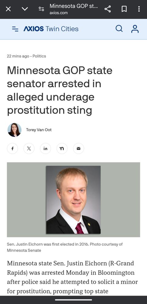 Screenshot of a news article about the arrest of Senator Justin Eichorn.