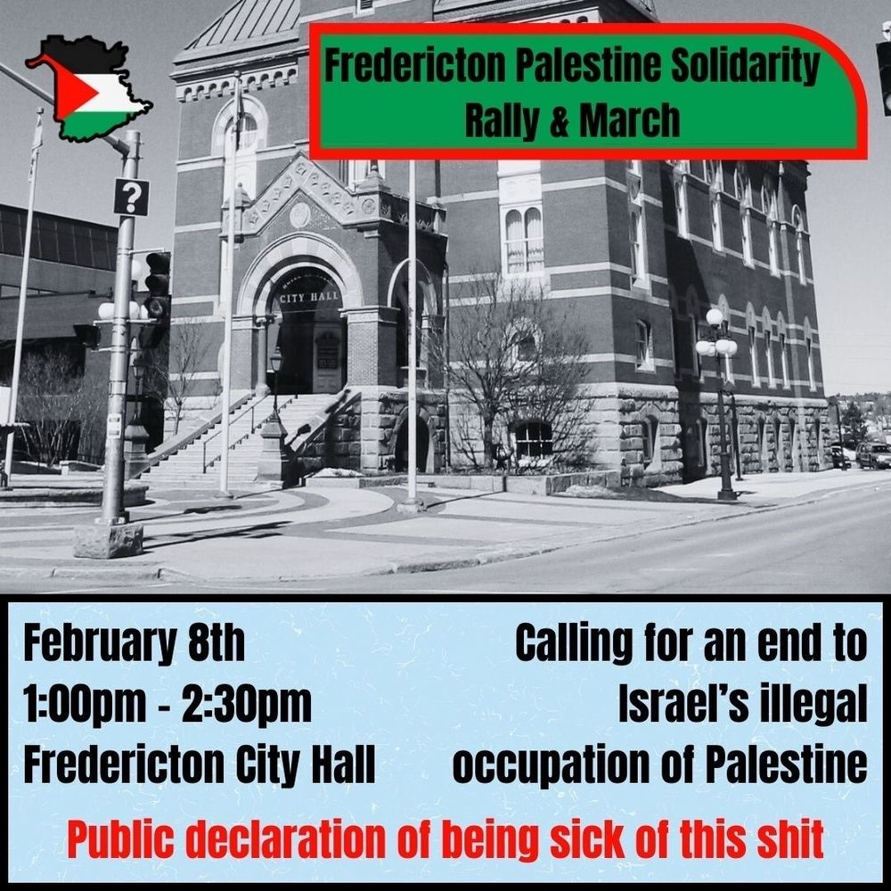 Picture of Fredericton, NB City Hall with text announcing a rally at city Hall on Feb 8 from 1 to 2:30pm "calling for an end to Israel's illegal occupation of Palestine." Additional slogan reads "Public declaration of being sick of this shit"