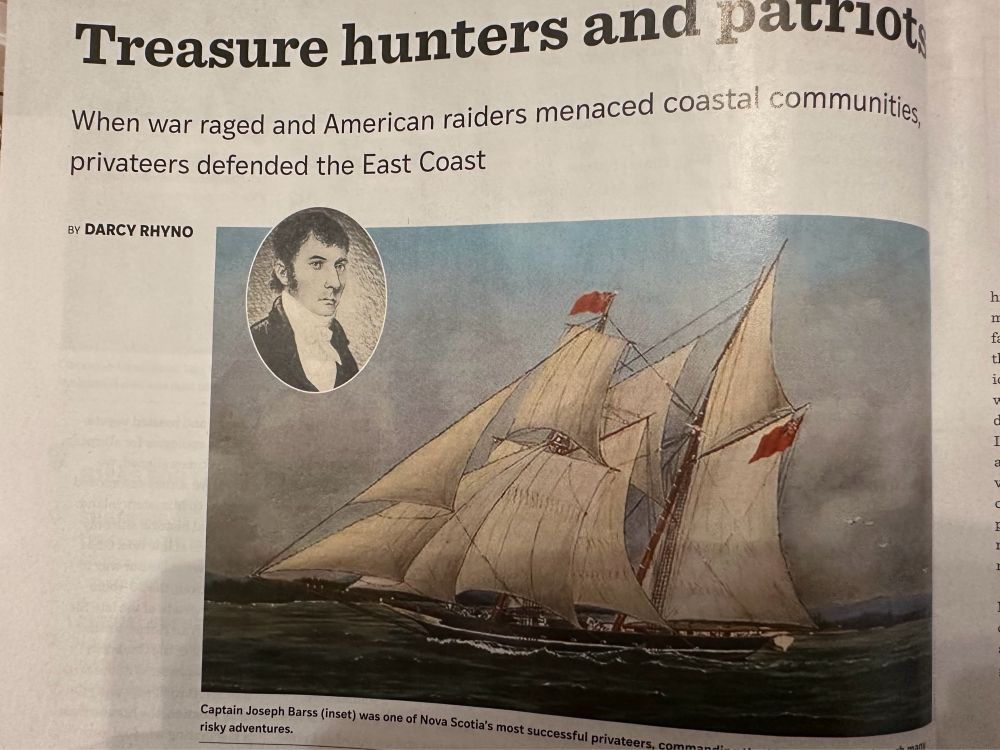 A photograph of a page in Saltscapes magazine featuring an oval portrait of Nova Scotia privateer Captain Joseph Barss overlaid on a painting of his sailing ship, The Liverpool Packet. Headline: Treasure hunters and patriots. Subhead: When war raged and American raiders menaced coastal communities, privateers defended the East Coast. 