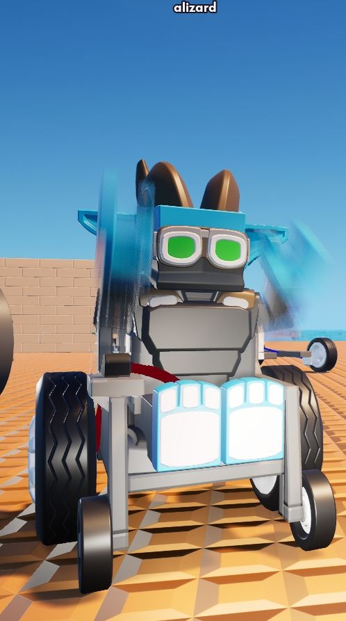 A Brickadia avatar sitting in a wheelchair waving their arms with intense motion blur