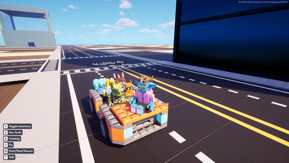 Brick goobers in an orange car driving down a street