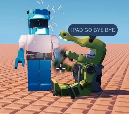 A green crocodile person hitting a blue crocodile person while saying "IPAD GO BYE BYE"