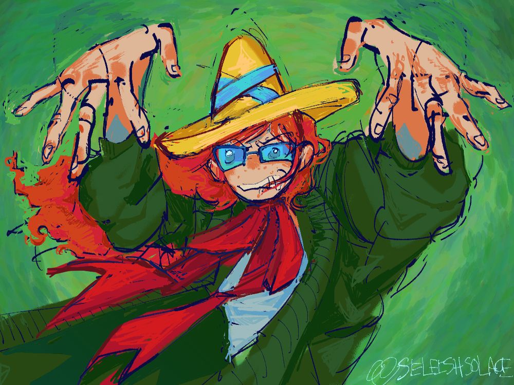 a sketchy colorful painting of betty grof from adventure time reaching her hands up to the camera, like shes going to cast a spell. the wind blows to the left and her hair blows in the wind