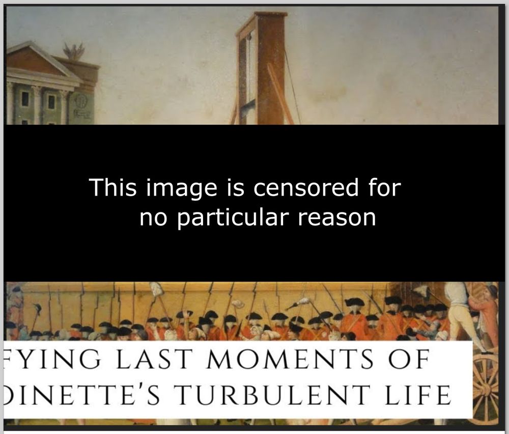 A painting featuring an "unknown" wooden contraption holding a large blade aloft on a rope, the bottom of which is a mostly obscured platform.

The platform is obscured by a large black rectangle featuring the words: "This image is censored for no particular reason."

Also visible towards the bottom of the painting is another rectangle, cropped, featuring the text: "...fying last moments of ...oinette's turbulent life"