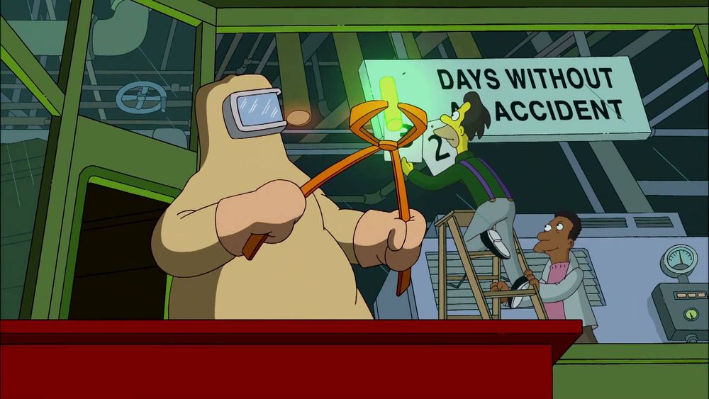 Still from Simpsons showing man with tongs about to drop radioactive glowing rod.
