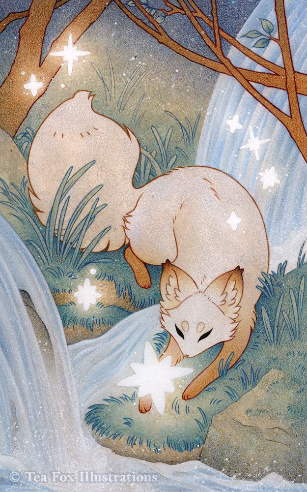 Artwork depicting a white and gold fox catching a fallen star among flowing water and soft grass. Created with tea, color pencil, acrylic, and ink. This work is part of the 2021 Loaf Tarot deck by floralfrolic.com. 