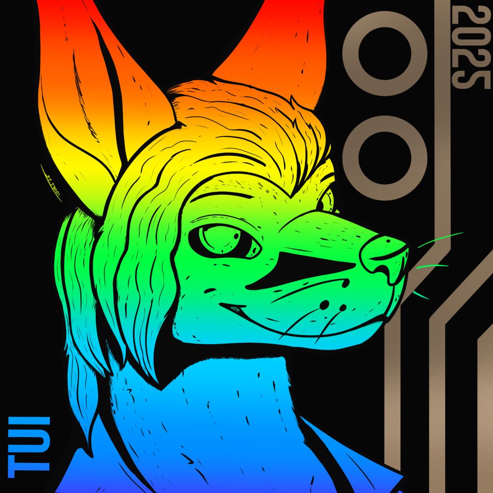 Portrait of an anthropomorphic blue heeler dog colored in a rainbow gradient. Background is similar to copper circuit tracings.