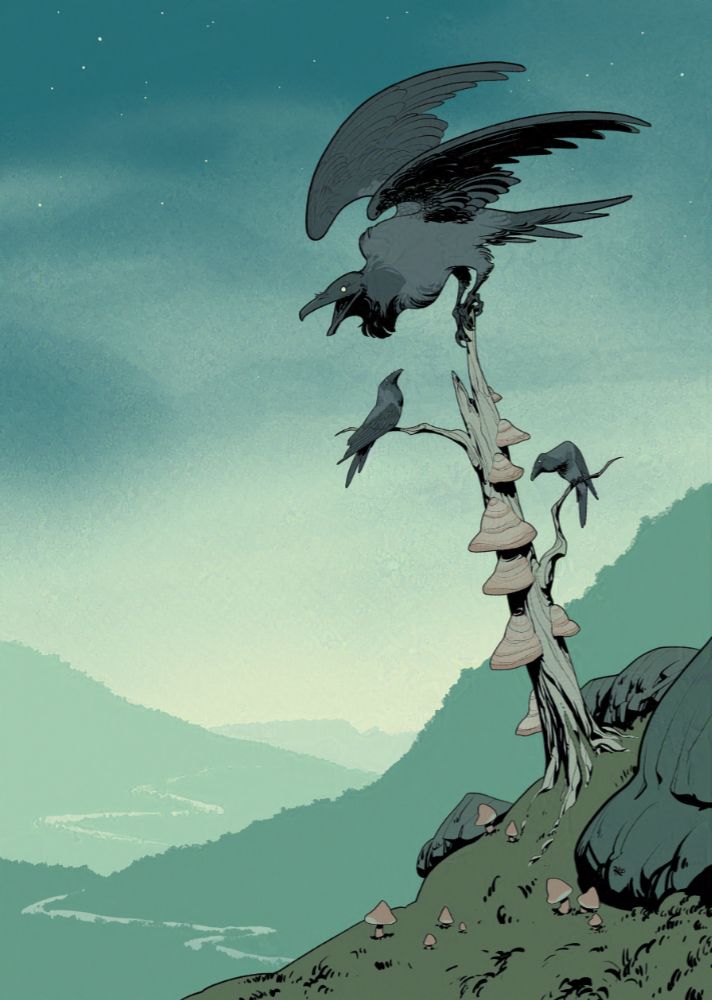 An illustration of 3 crows sitting on a tree, with one of them being much larger than the others.