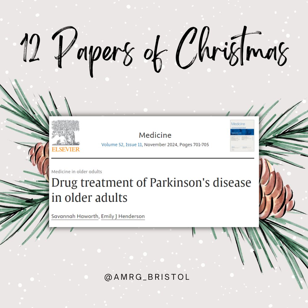 A festive background with a screenshot of a paper entitled 'Drug treatment of Parkinson's disease in older adults' 