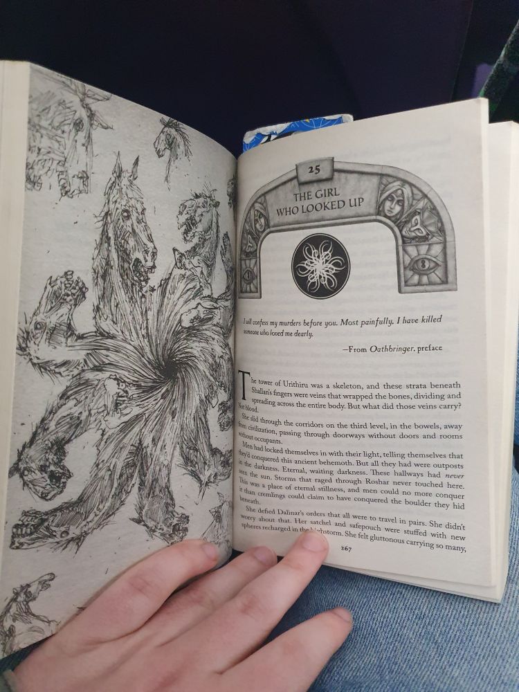 A copy of Oathbringer by Brandon Sanderson open to a page festuring a sketch called 'Horses'.