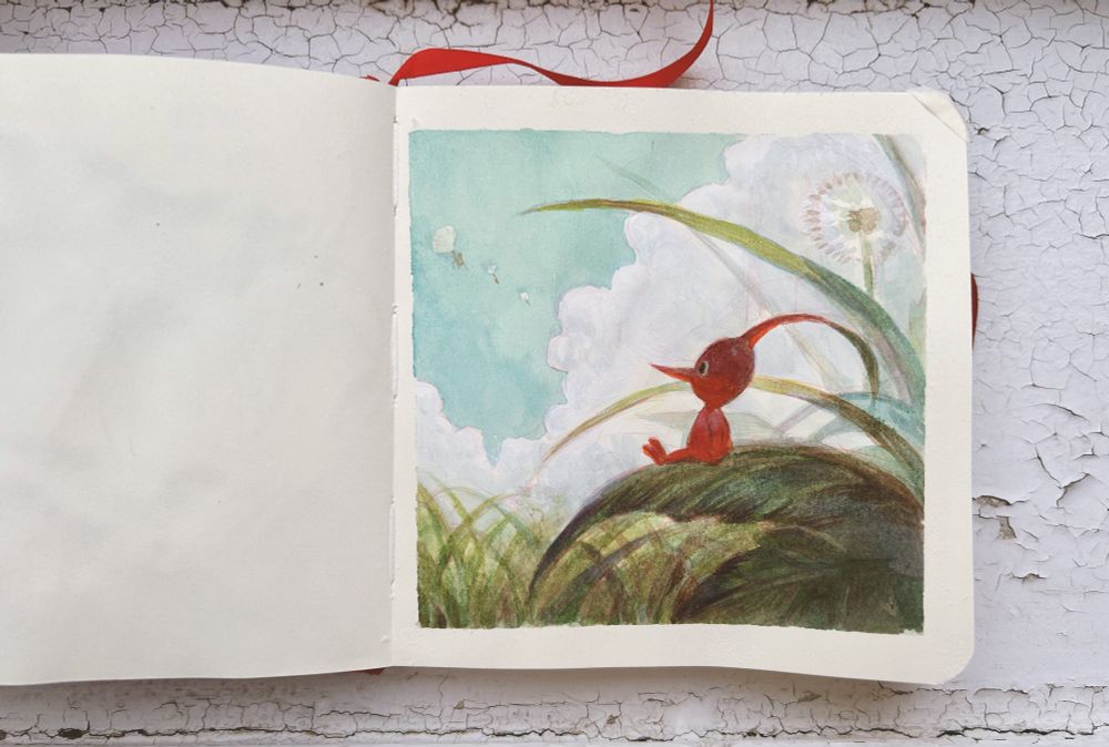 Watercolor painting of a Pikmin sitting on a leaf, looking at the sky.