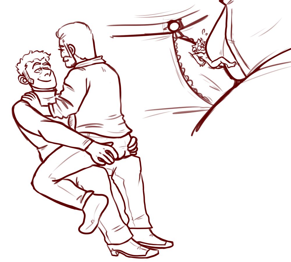Red lined drawing. A man with a beard straddles the lap of a man with sideburns. A closeup shows a tiny man with glasses pinned between them as they grind on each other.
